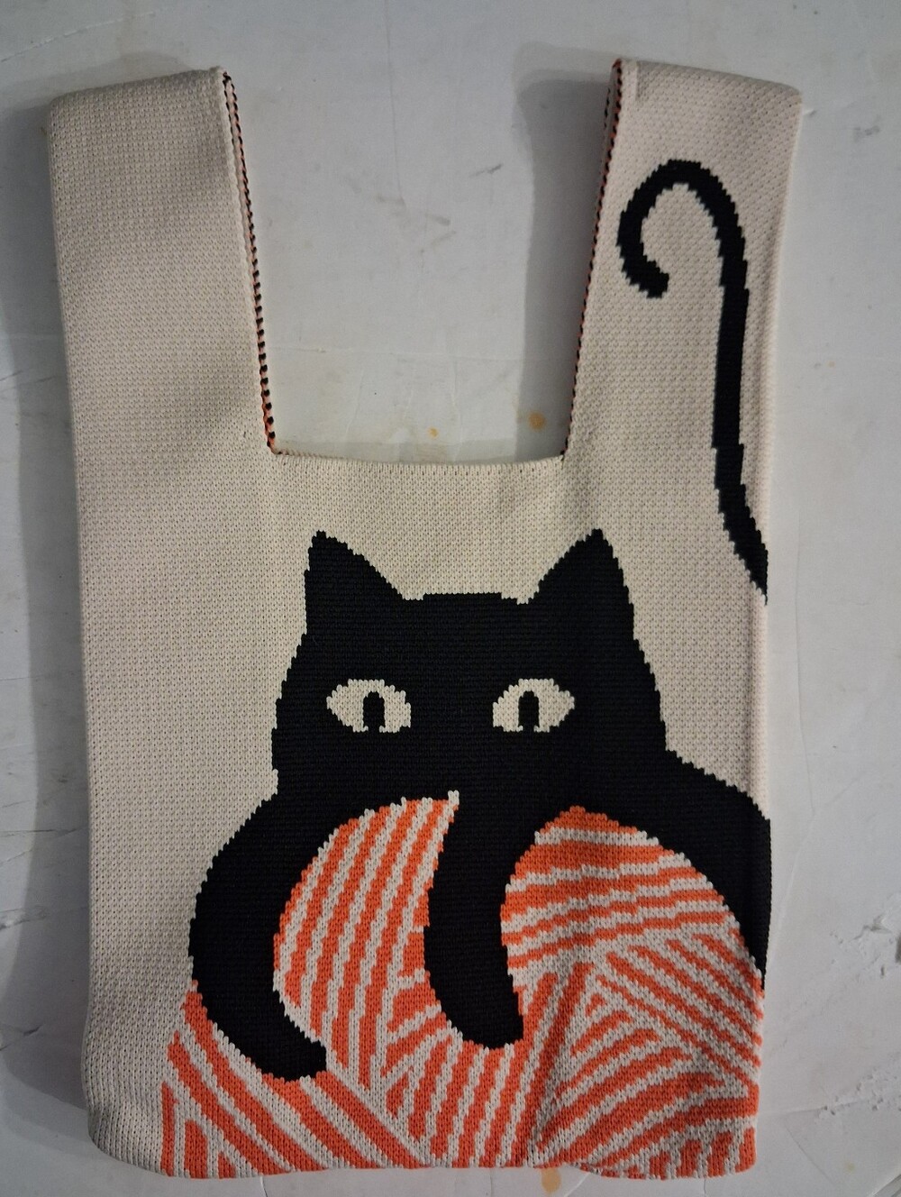 Knitted Bag with Cat Embroidery
